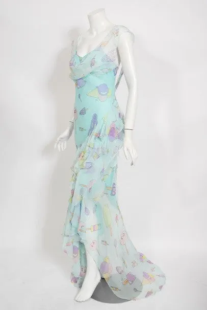 2002 Christian Dior by Galliano Novelty Candy Print Silk Bias-Cut Gown