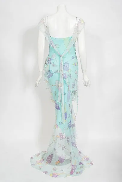 2002 Christian Dior by Galliano Novelty Candy Print Silk Bias-Cut Gown