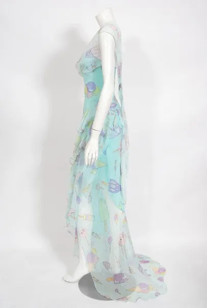 2002 Christian Dior by Galliano Novelty Candy Print Silk Bias-Cut Gown