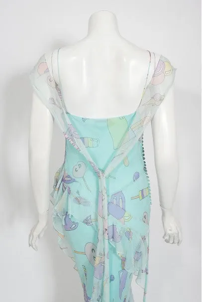 2002 Christian Dior by Galliano Novelty Candy Print Silk Bias-Cut Gown