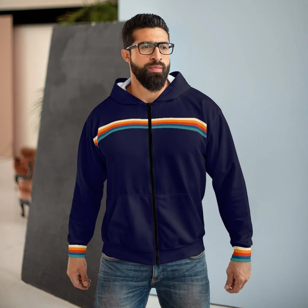 70s Retro Stripe Full Zip Up Hoodie, Navy Vintage Groovy Zipper Pocket Men Women Unisex Aesthetic Graphic Cotton Fleece Hooded  Sweatshirt