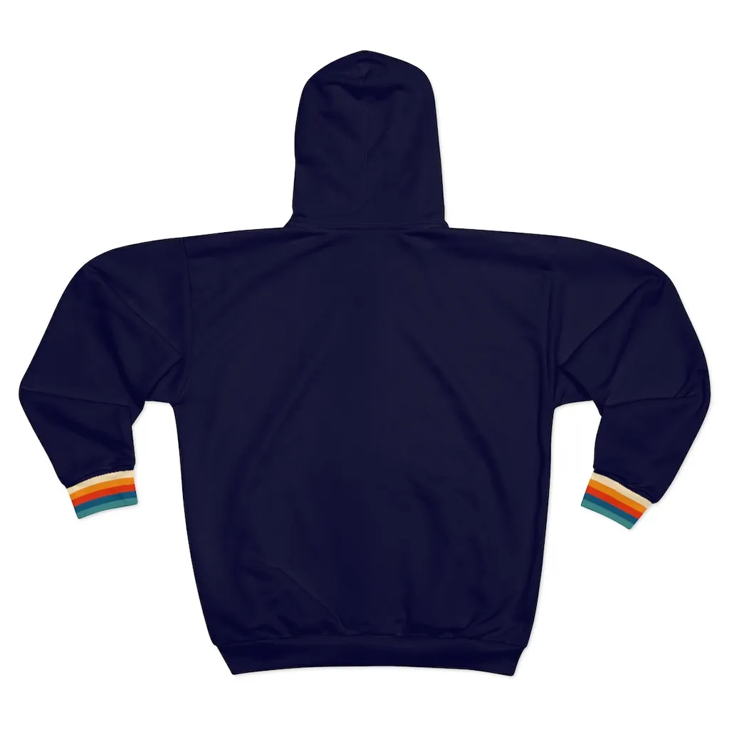 70s Retro Stripe Full Zip Up Hoodie, Navy Vintage Groovy Zipper Pocket Men Women Unisex Aesthetic Graphic Cotton Fleece Hooded  Sweatshirt
