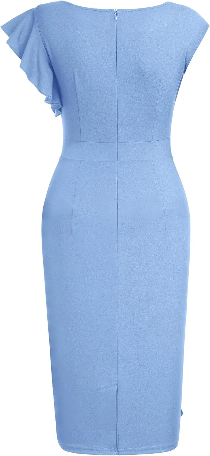 AISIZE Women's Pinup Vintage Ruffle Sleeves Cocktail Party Pencil Dress
