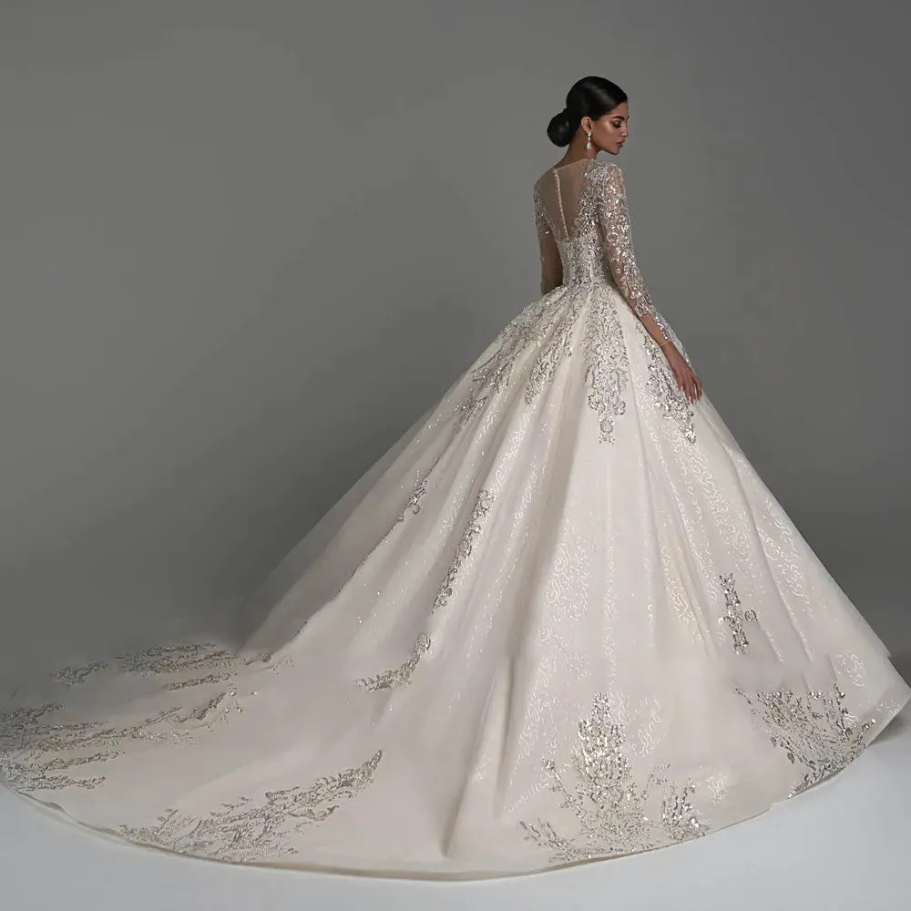 Ball Gown Luxury Wedding Dress O-Neck Long Sleeve Chapel Train Bridal Gown