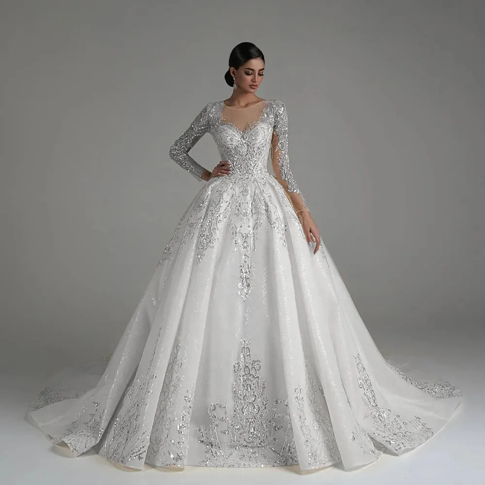Ball Gown Luxury Wedding Dress O-Neck Long Sleeve Chapel Train Bridal Gown