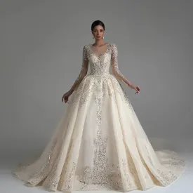 Ball Gown Luxury Wedding Dress O-Neck Long Sleeve Chapel Train Bridal Gown