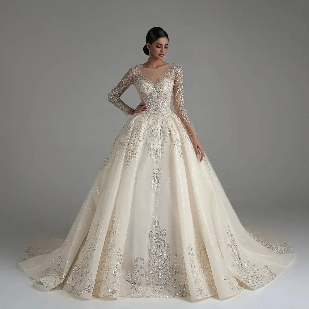 Ball Gown Luxury Wedding Dress O-Neck Long Sleeve Chapel Train Bridal Gown