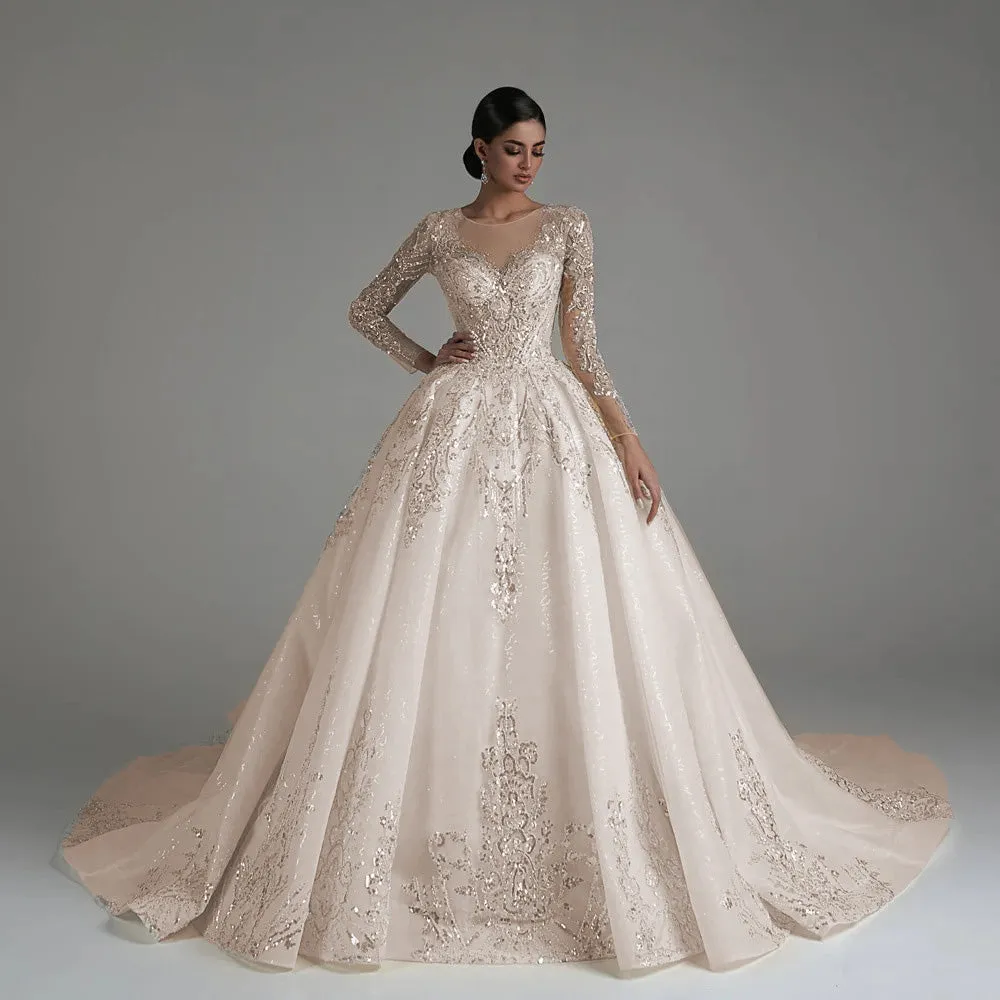 Ball Gown Luxury Wedding Dress O-Neck Long Sleeve Chapel Train Bridal Gown