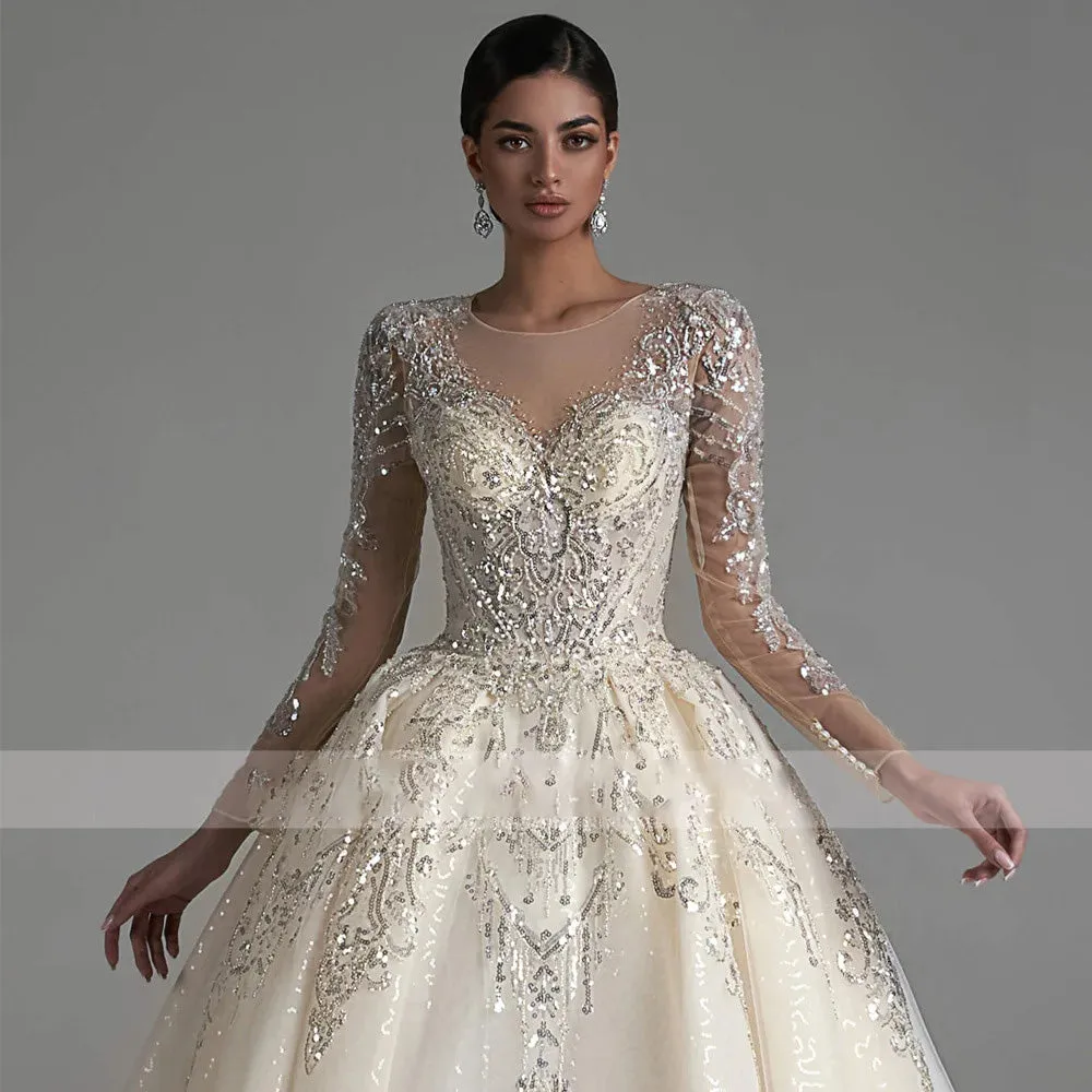 Ball Gown Luxury Wedding Dress O-Neck Long Sleeve Chapel Train Bridal Gown