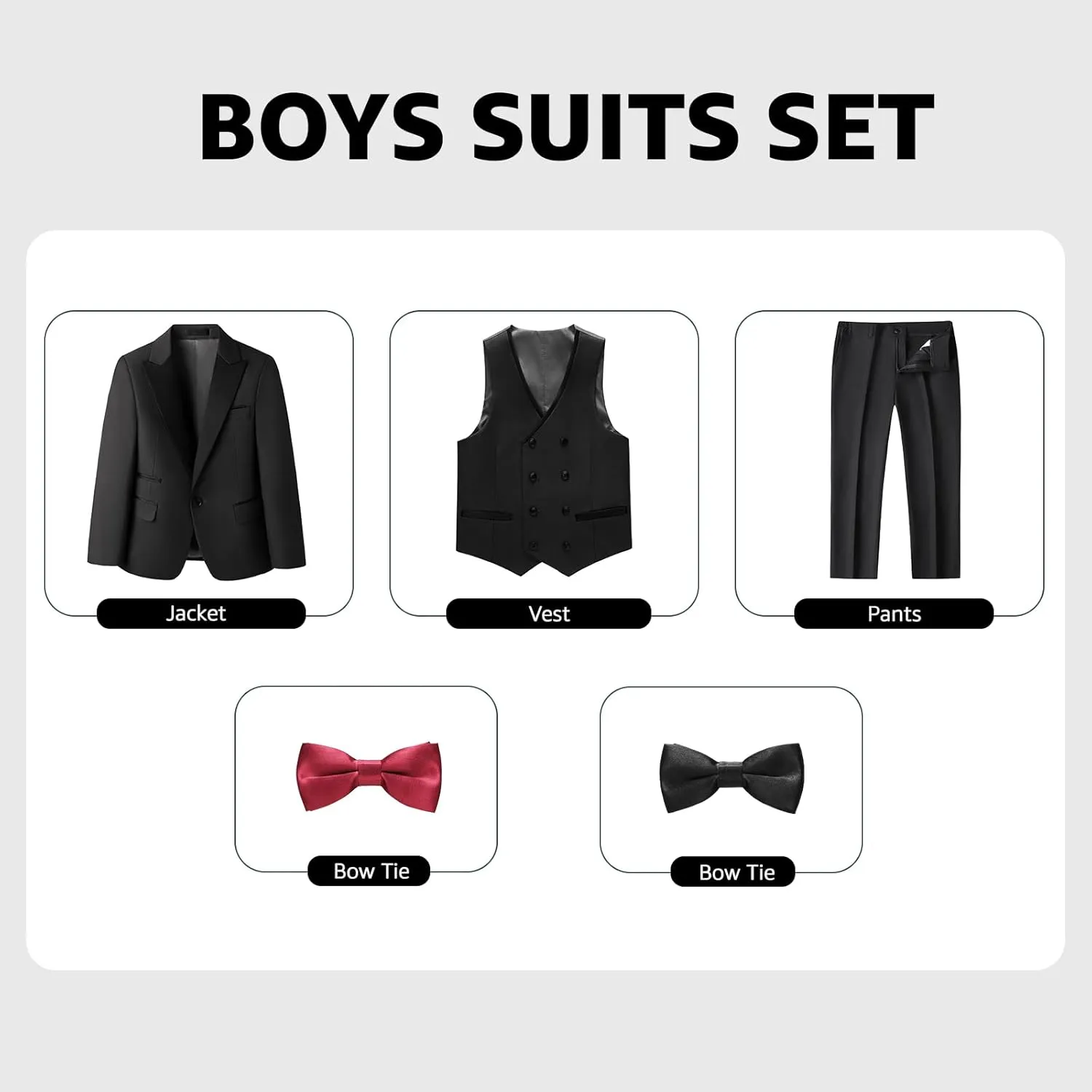 Boys Suit Set Slim Fit 4 Piece Formal Outfits Kids Suits Tuxedo Boys Vest Blazer Pants with Bow Tie for Wedding