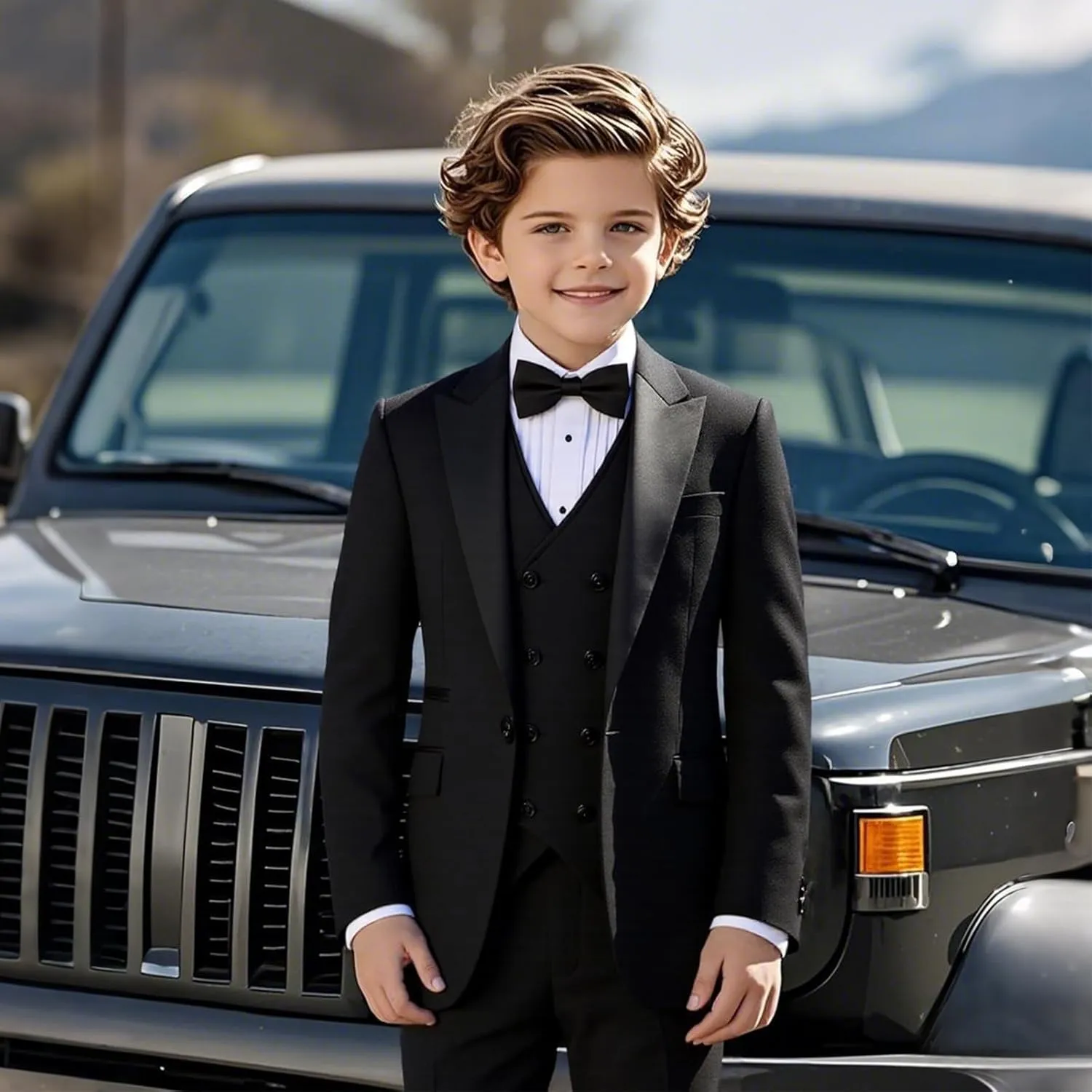 Boys Suit Set Slim Fit 4 Piece Formal Outfits Kids Suits Tuxedo Boys Vest Blazer Pants with Bow Tie for Wedding