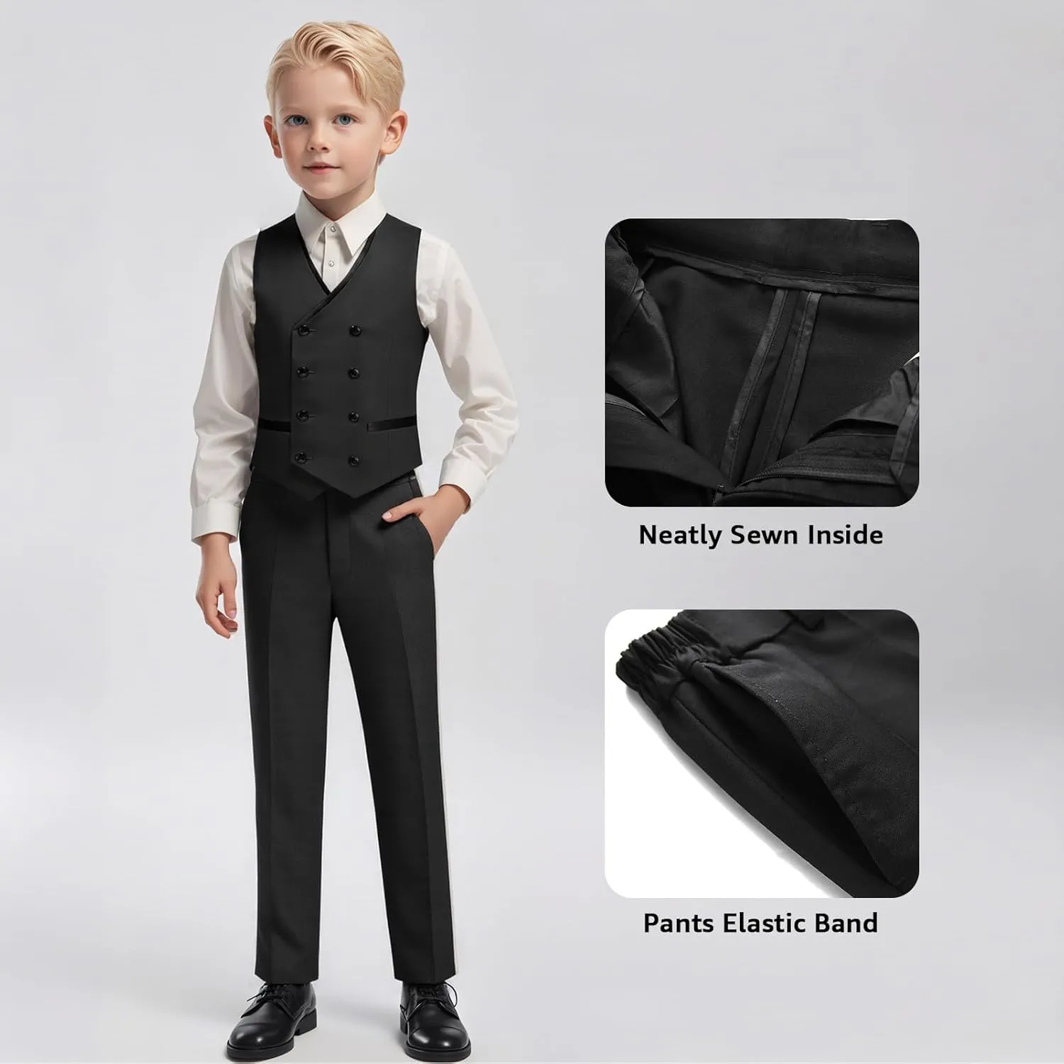 Boys Suit Set Slim Fit 4 Piece Formal Outfits Kids Suits Tuxedo Boys Vest Blazer Pants with Bow Tie for Wedding