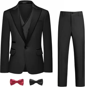 Boys Suit Set Slim Fit 4 Piece Formal Outfits Kids Suits Tuxedo Boys Vest Blazer Pants with Bow Tie for Wedding