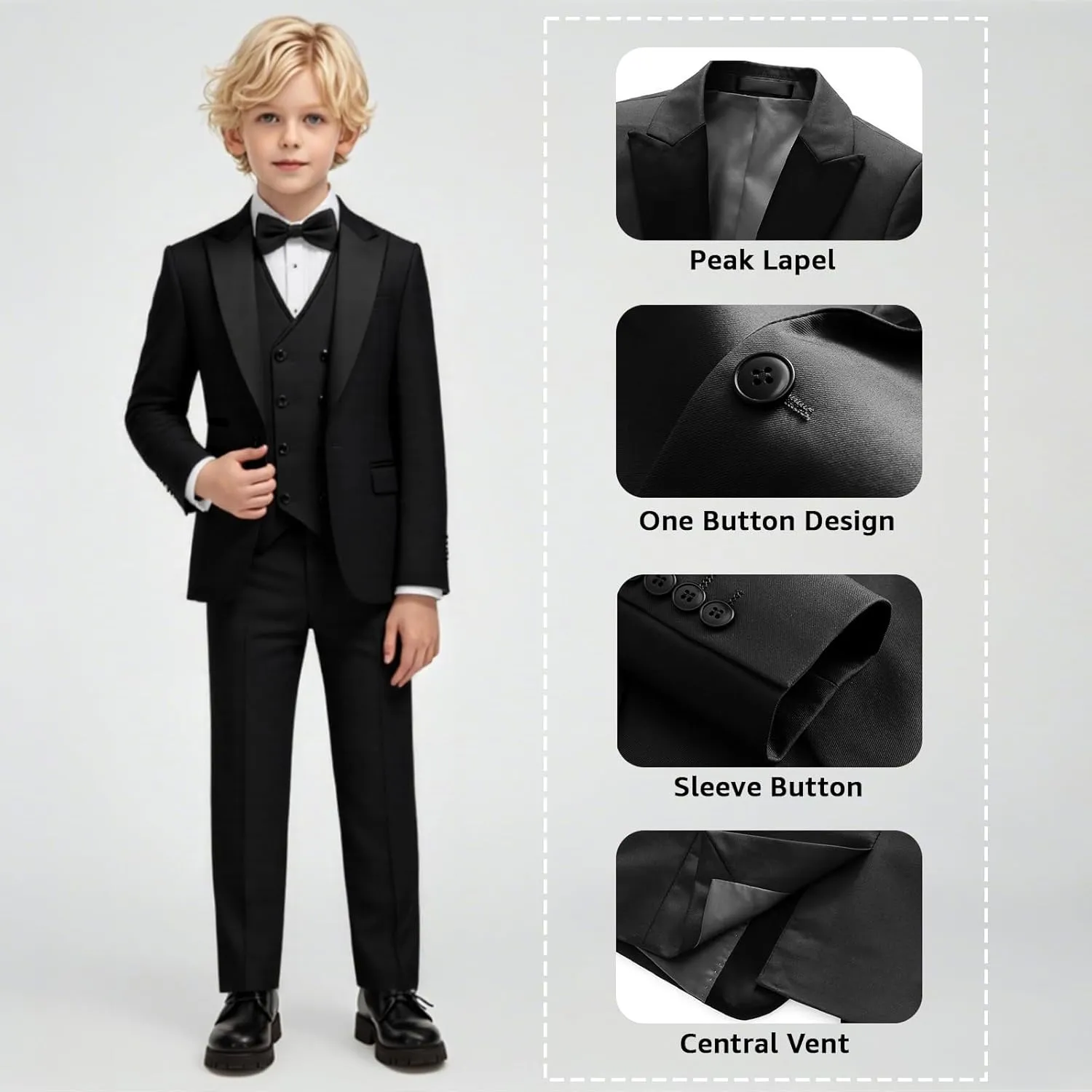 Boys Suit Set Slim Fit 4 Piece Formal Outfits Kids Suits Tuxedo Boys Vest Blazer Pants with Bow Tie for Wedding