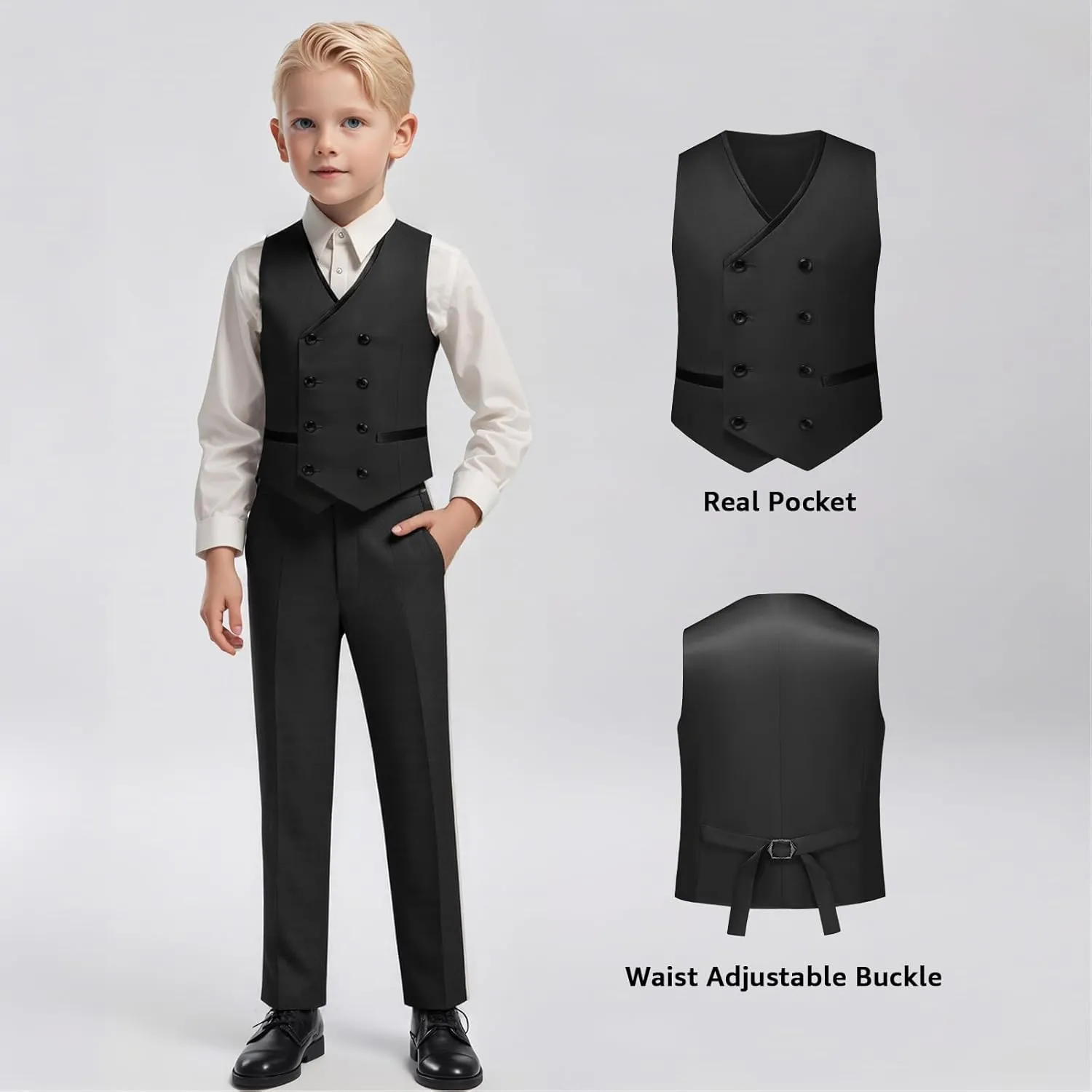 Boys Suit Set Slim Fit 4 Piece Formal Outfits Kids Suits Tuxedo Boys Vest Blazer Pants with Bow Tie for Wedding