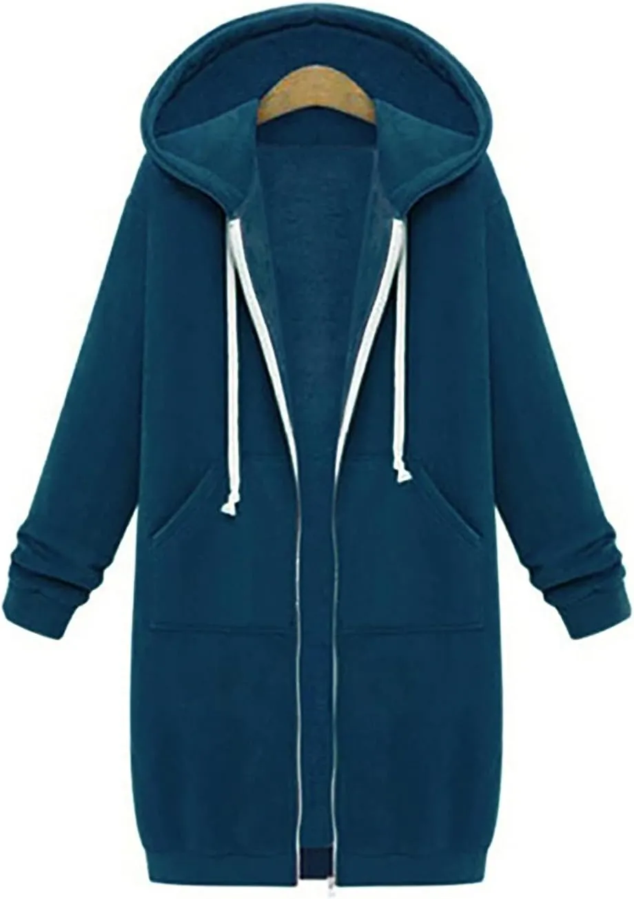 Cdiecer Women Hoodies Zip Up Long Hooded Sweatshirt Jacket Casual Front Cardigan Plus Size Fall Winter Coat with Pockets