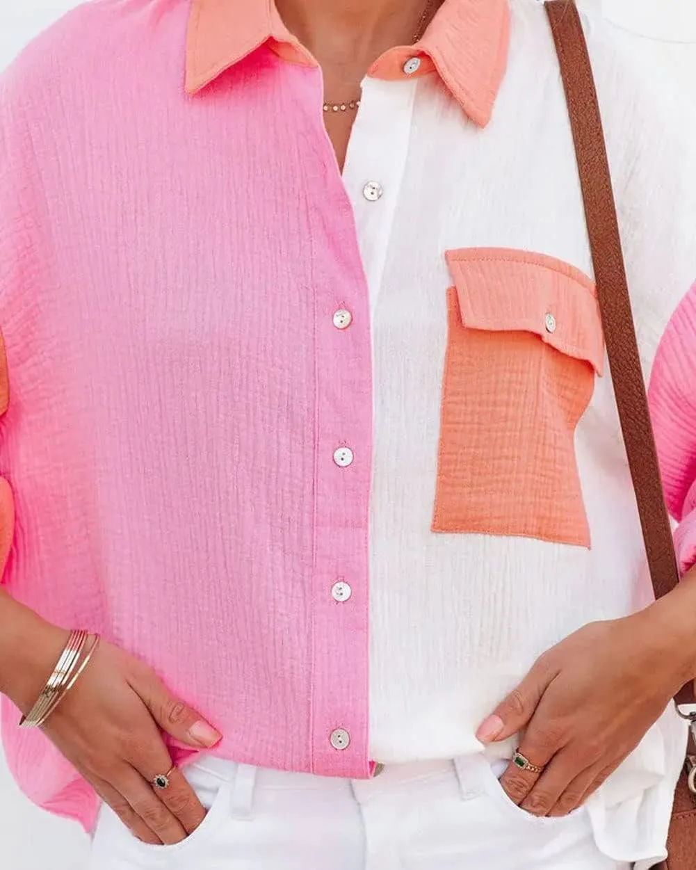 CHARTOU Women's Oversized Color Block Button Down Shirt Drop Long Sleeve Shirt Blouse