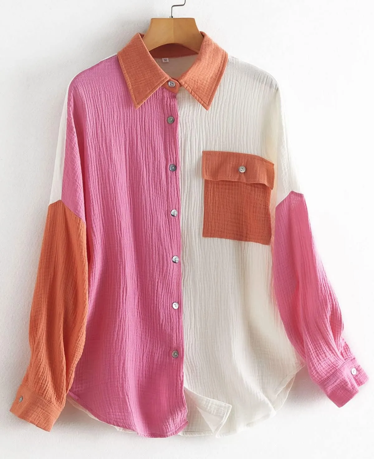 CHARTOU Women's Oversized Color Block Button Down Shirt Drop Long Sleeve Shirt Blouse