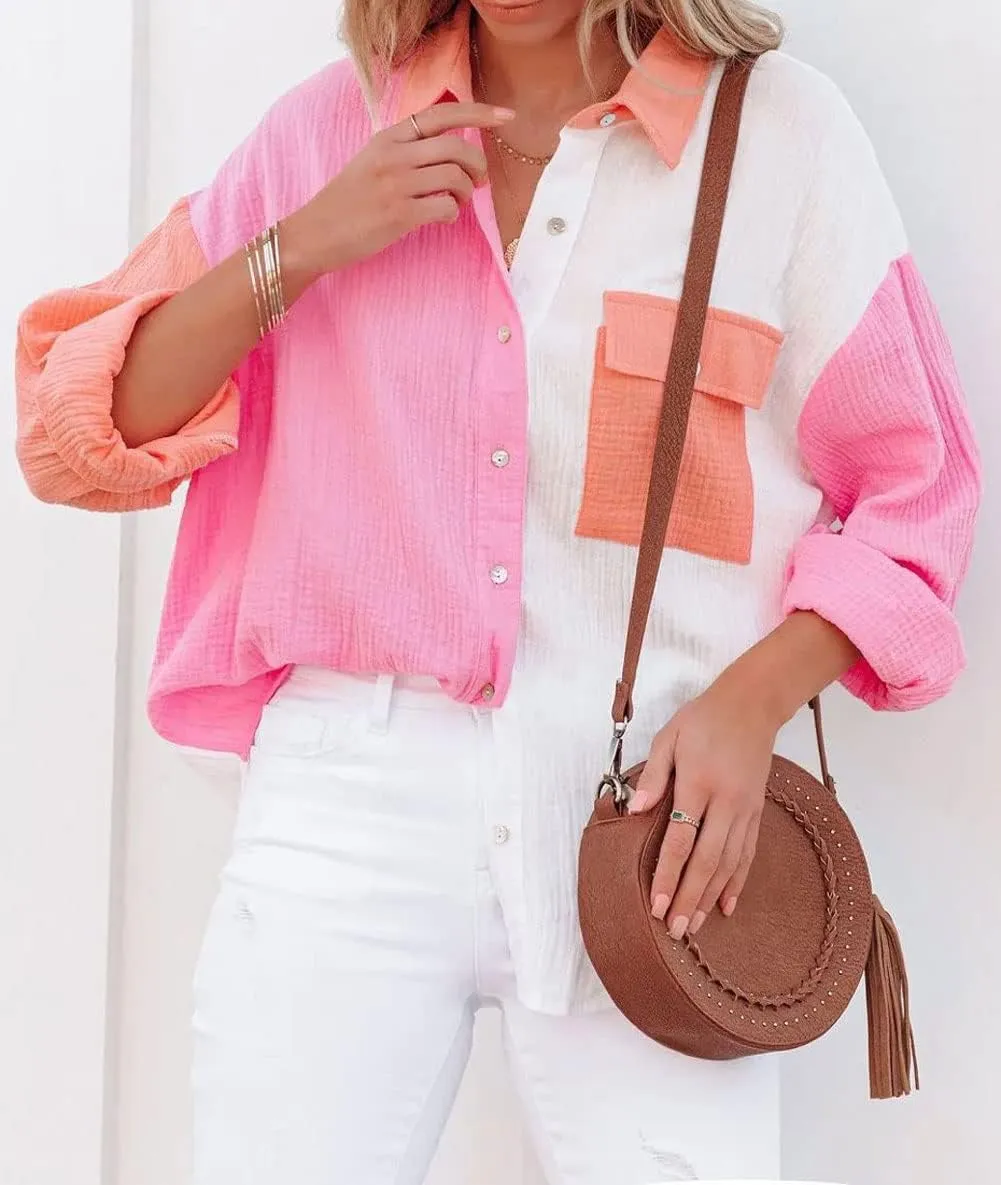 CHARTOU Women's Oversized Color Block Button Down Shirt Drop Long Sleeve Shirt Blouse