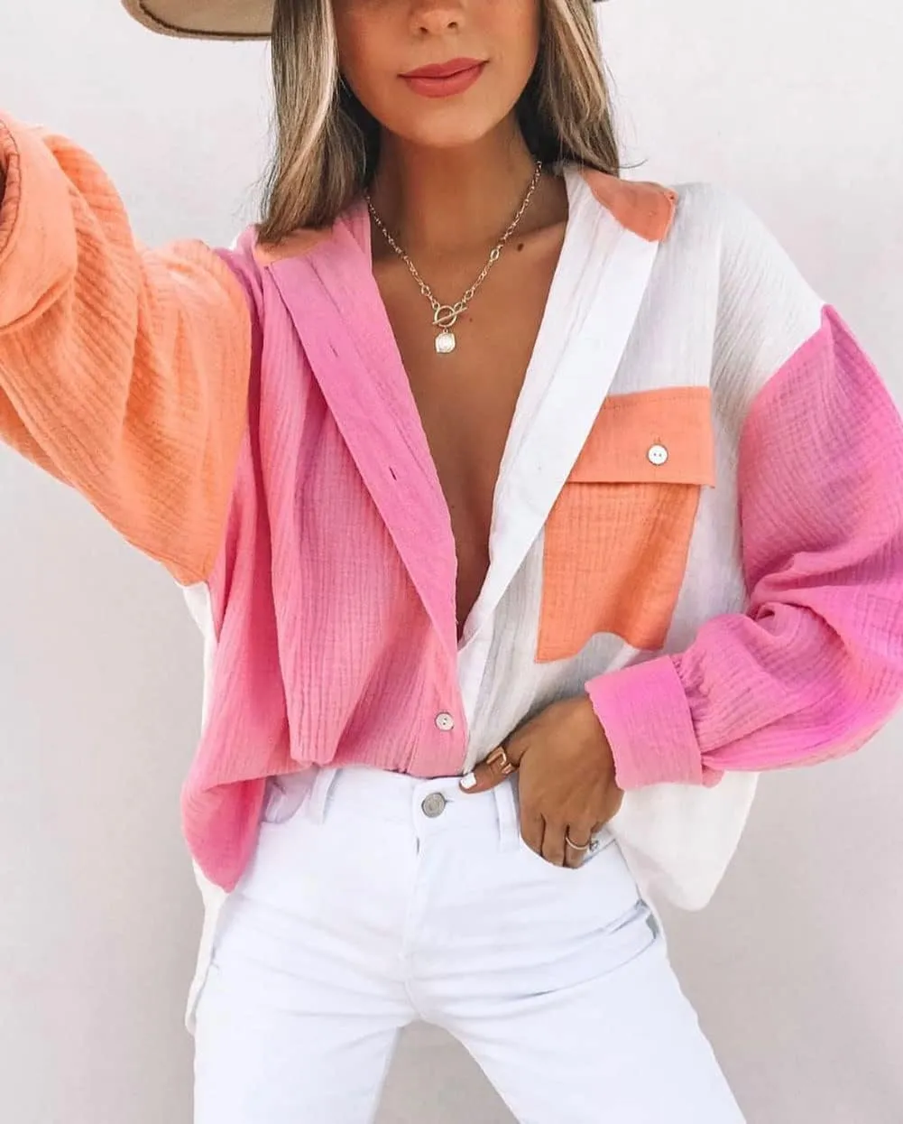 CHARTOU Women's Oversized Color Block Button Down Shirt Drop Long Sleeve Shirt Blouse