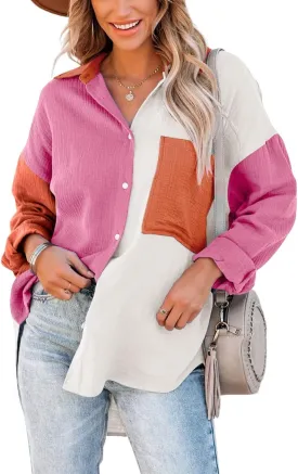 CHARTOU Women's Oversized Color Block Button Down Shirt Drop Long Sleeve Shirt Blouse