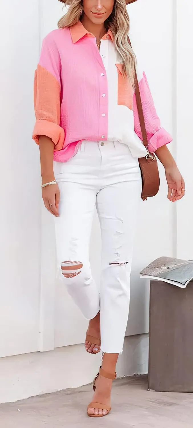 CHARTOU Women's Oversized Color Block Button Down Shirt Drop Long Sleeve Shirt Blouse