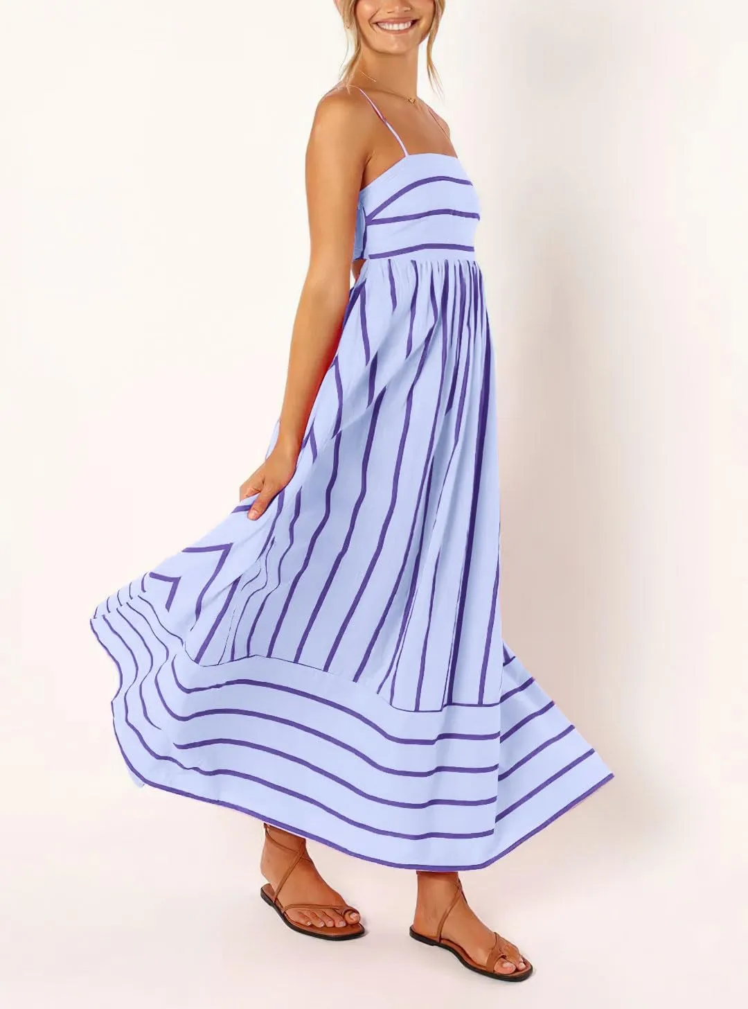 chouyatou Women's Striped Back Smocked Maxi Dress Sexy Spaghetti Strap Cut Out Flowy Swing Long Dress