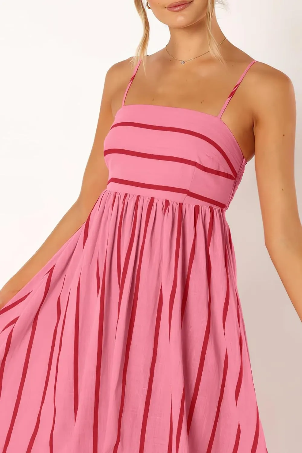 chouyatou Women's Striped Back Smocked Maxi Dress Sexy Spaghetti Strap Cut Out Flowy Swing Long Dress