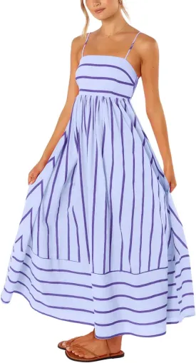 chouyatou Women's Striped Back Smocked Maxi Dress Sexy Spaghetti Strap Cut Out Flowy Swing Long Dress