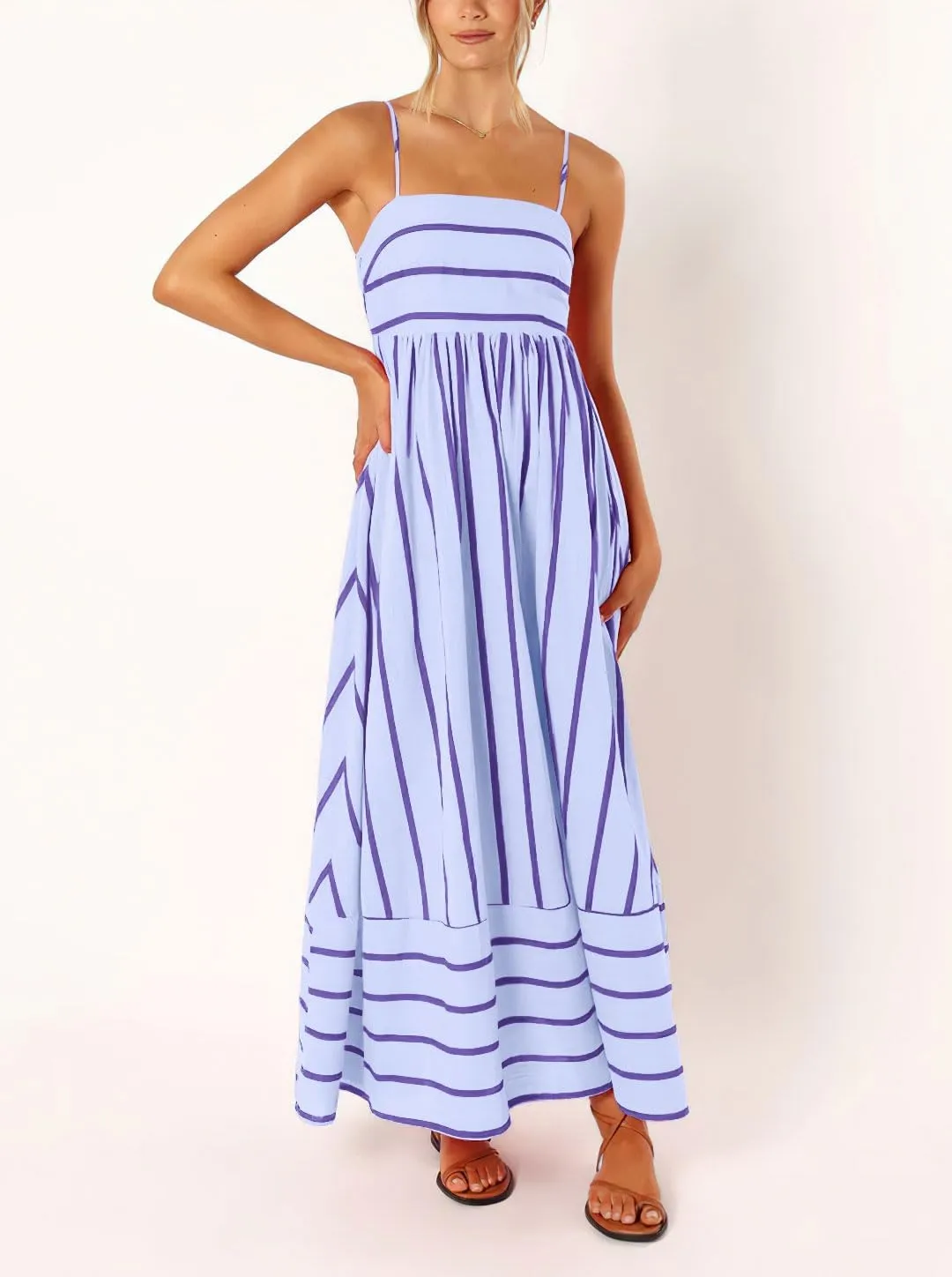 chouyatou Women's Striped Back Smocked Maxi Dress Sexy Spaghetti Strap Cut Out Flowy Swing Long Dress