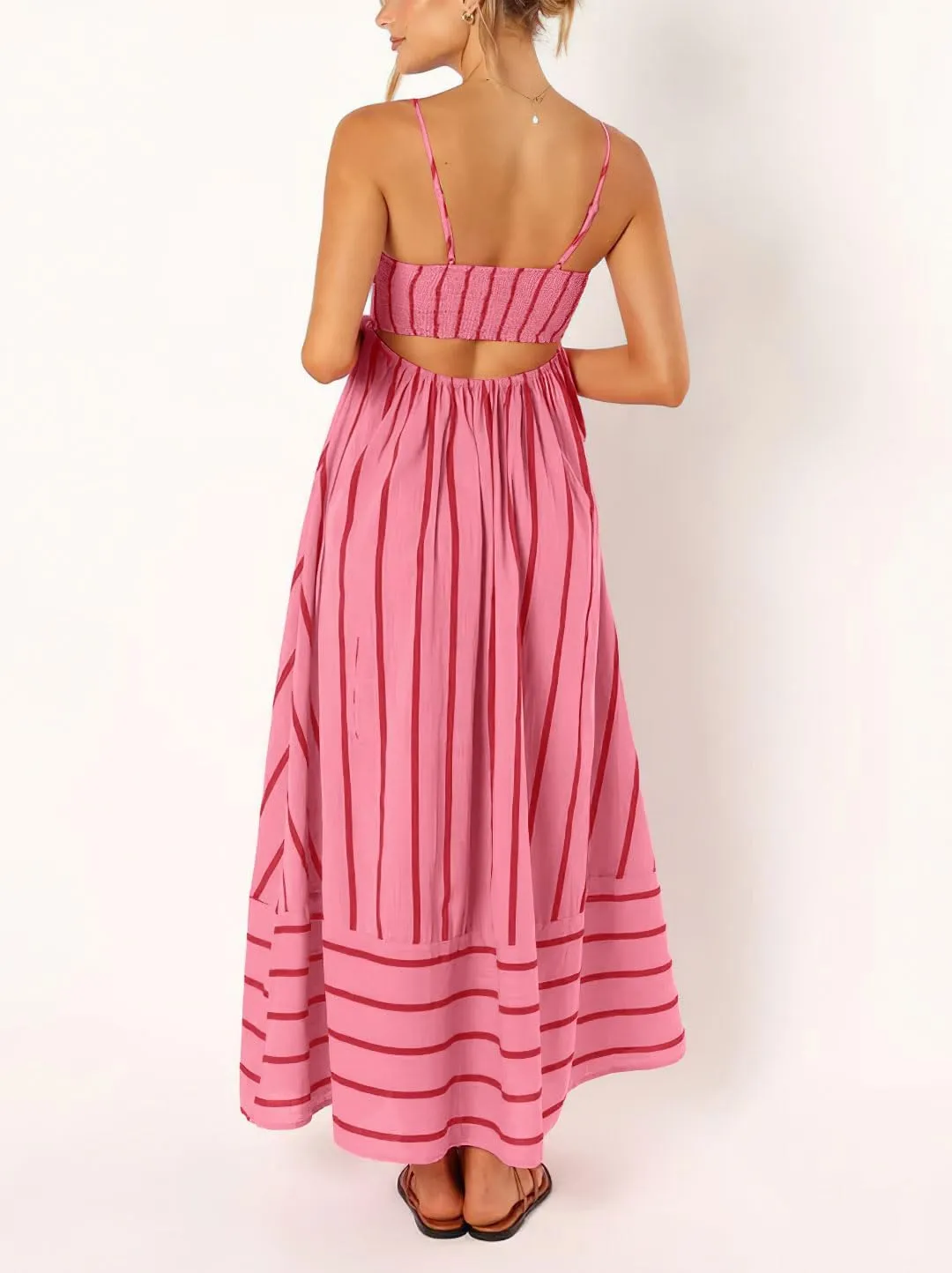 chouyatou Women's Striped Back Smocked Maxi Dress Sexy Spaghetti Strap Cut Out Flowy Swing Long Dress
