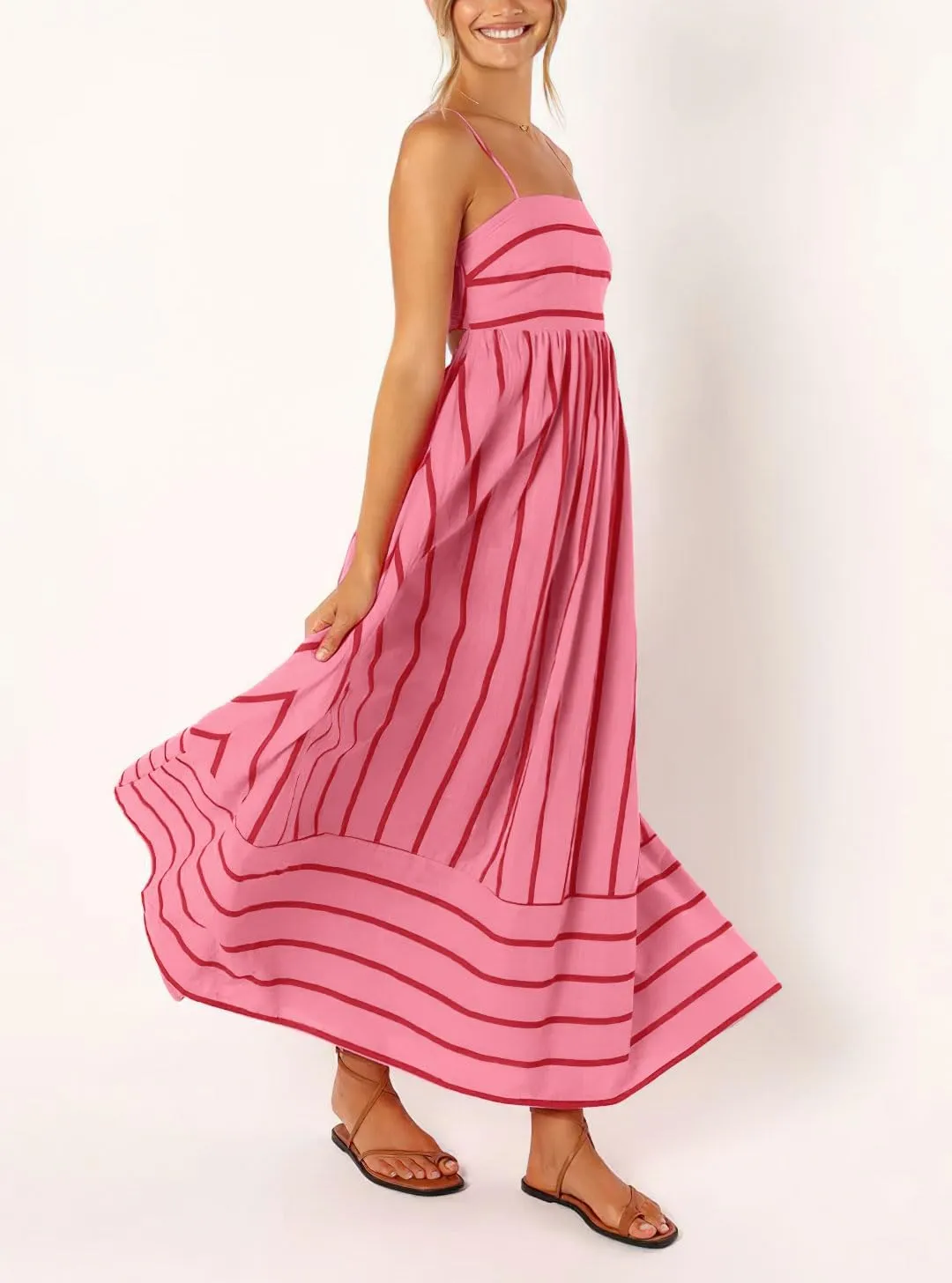chouyatou Women's Striped Back Smocked Maxi Dress Sexy Spaghetti Strap Cut Out Flowy Swing Long Dress
