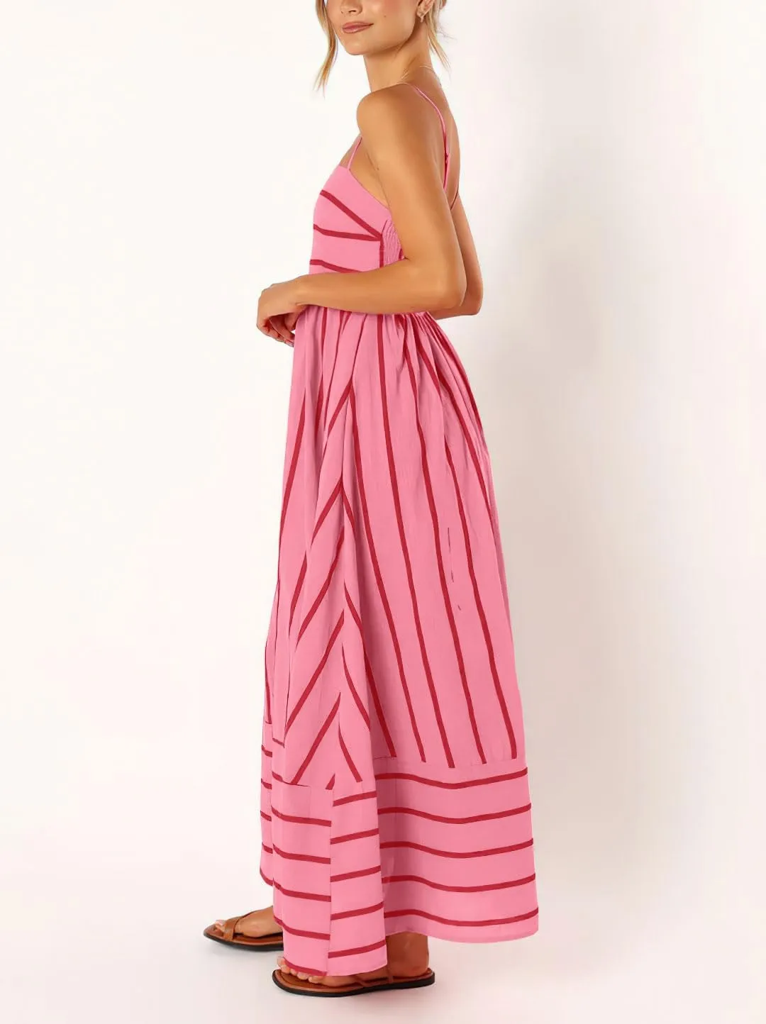 chouyatou Women's Striped Back Smocked Maxi Dress Sexy Spaghetti Strap Cut Out Flowy Swing Long Dress