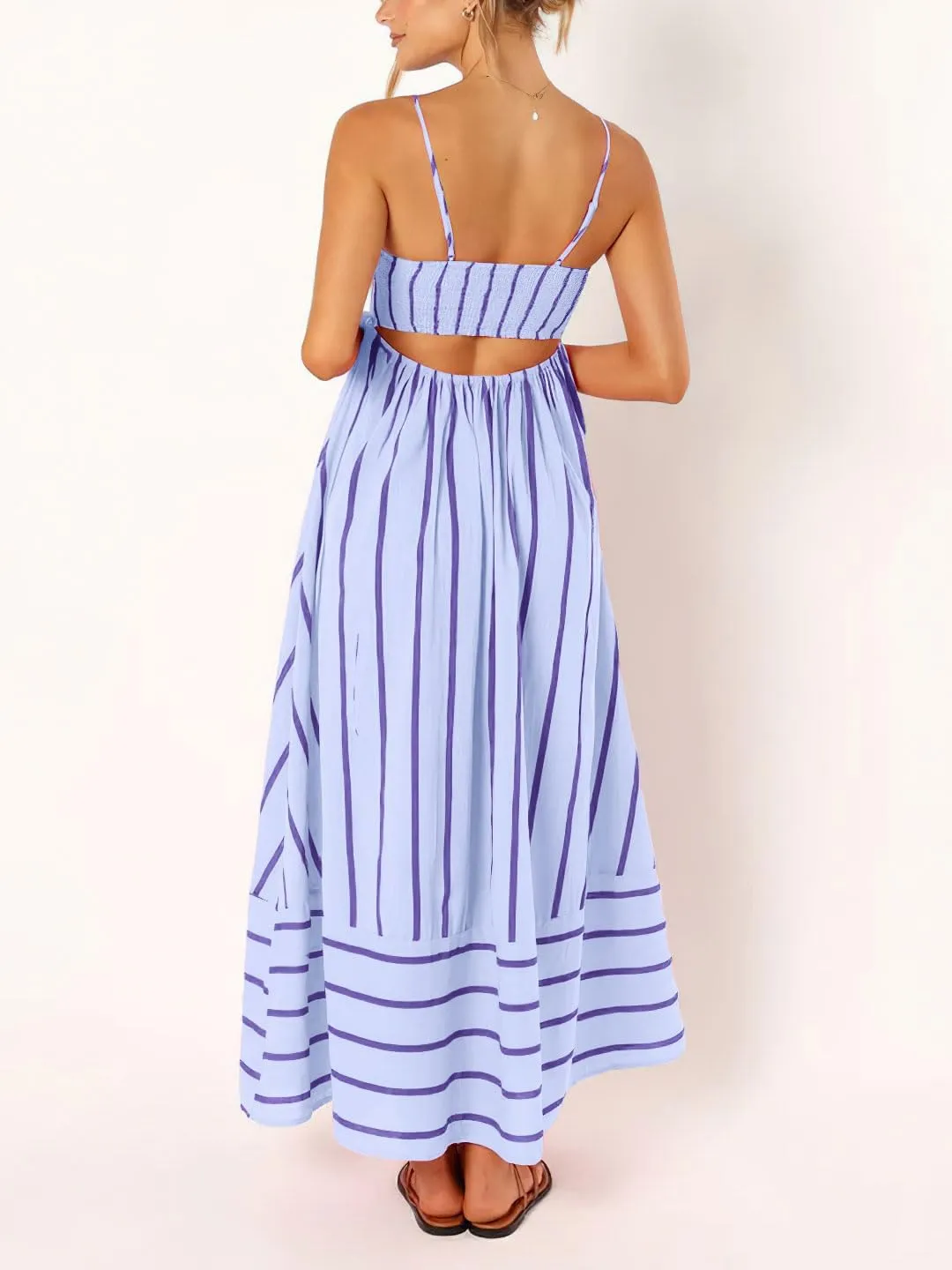 chouyatou Women's Striped Back Smocked Maxi Dress Sexy Spaghetti Strap Cut Out Flowy Swing Long Dress