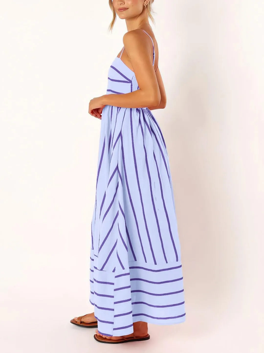 chouyatou Women's Striped Back Smocked Maxi Dress Sexy Spaghetti Strap Cut Out Flowy Swing Long Dress