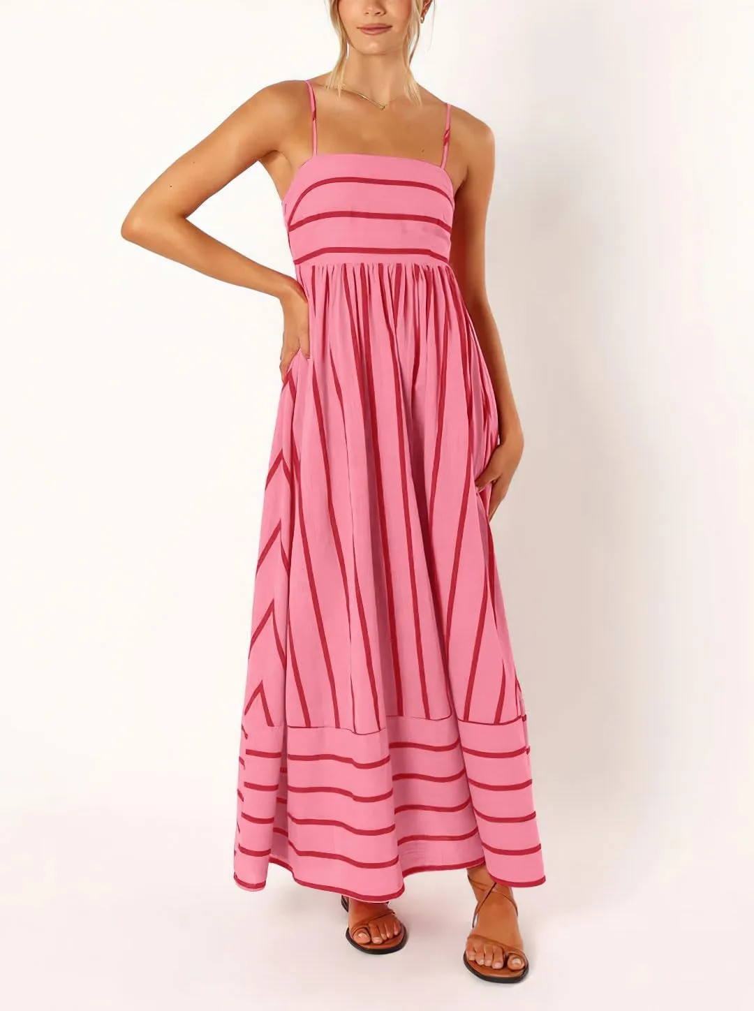chouyatou Women's Striped Back Smocked Maxi Dress Sexy Spaghetti Strap Cut Out Flowy Swing Long Dress