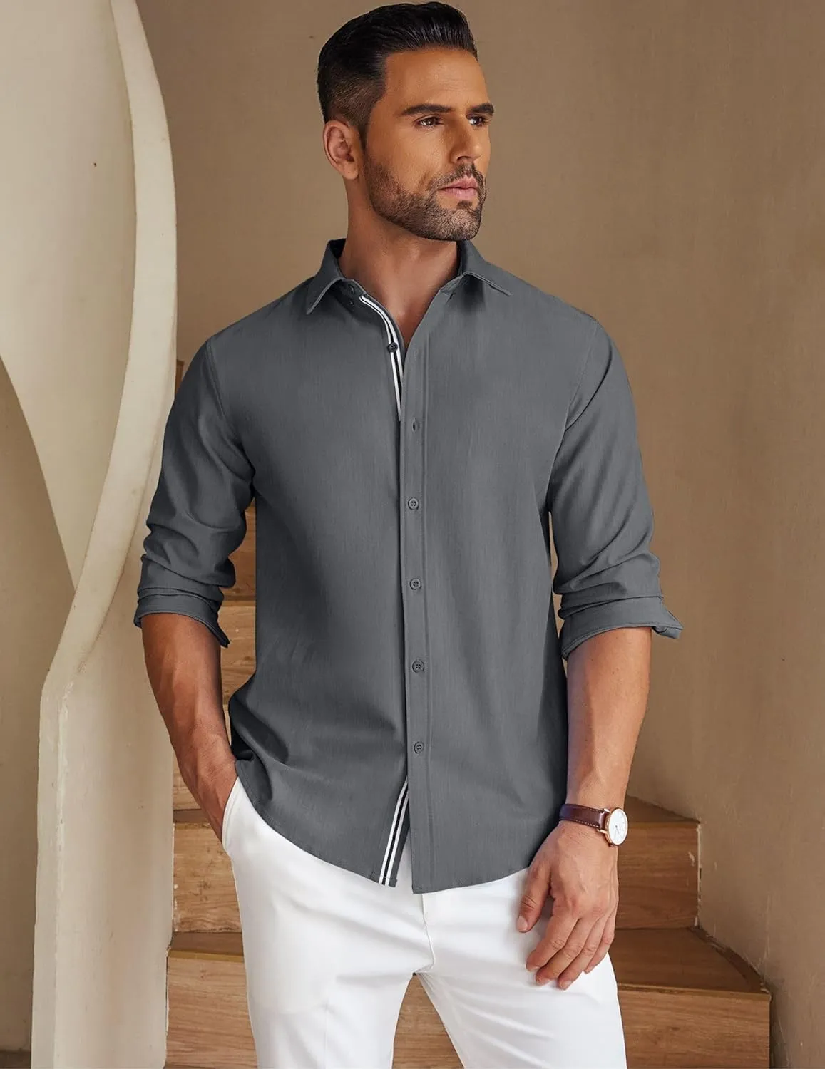 COOFANDY Mens Casual Button Down Shirt Untucked Long Sleeve Stretch Denim Dress Shirt