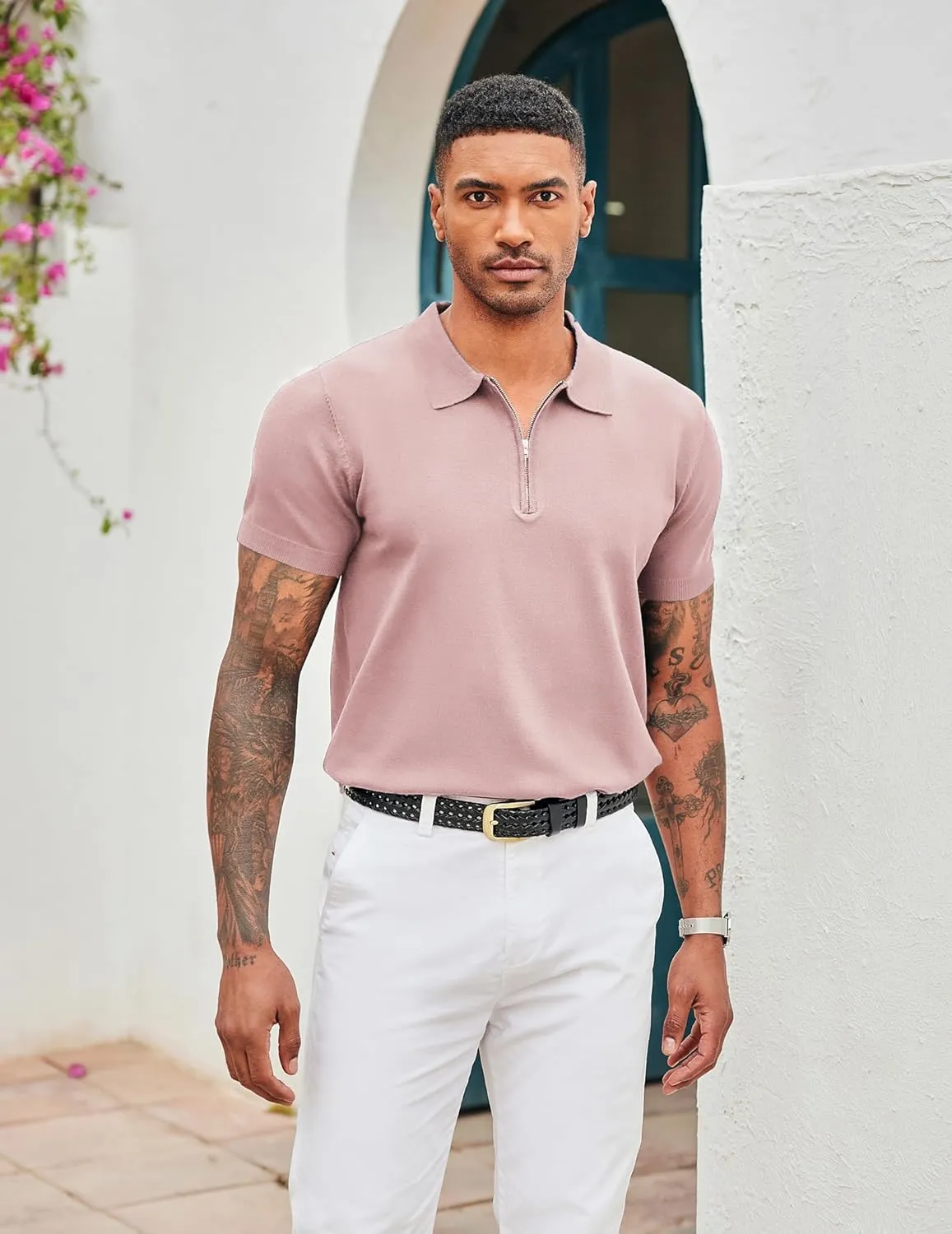 COOFANDY Men's Zipper Polo Shirt Casual Knit Short Sleeve Polo T Shirt Classic Fit Shirts