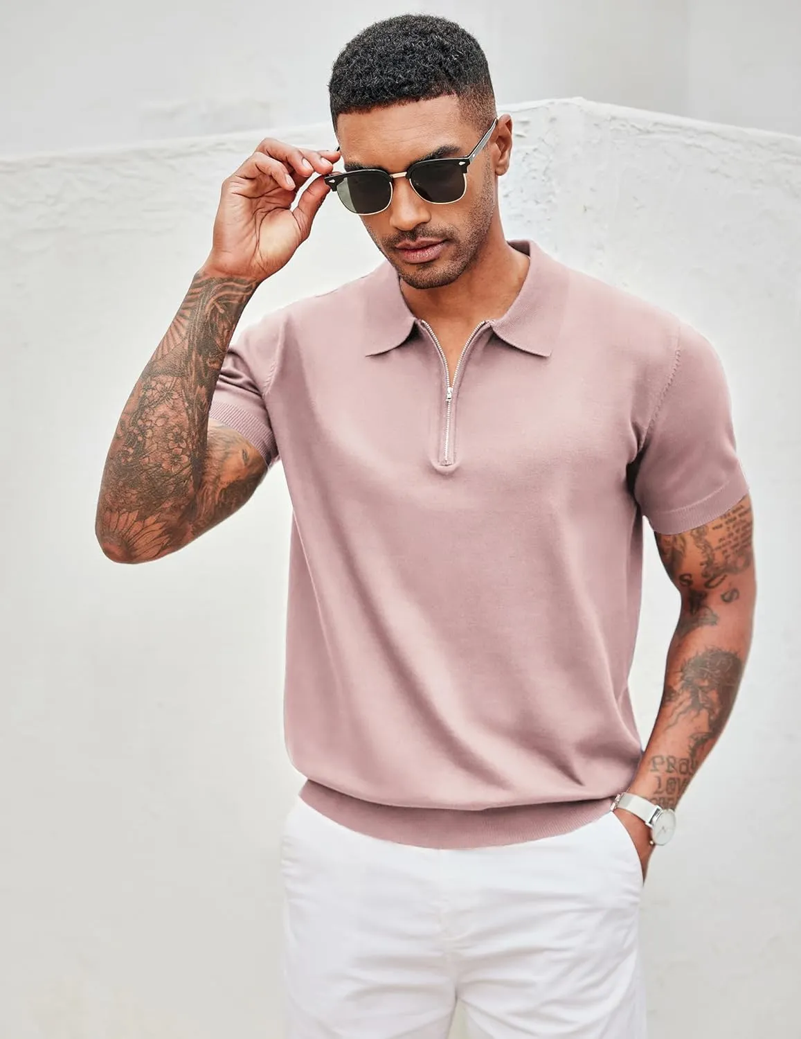 COOFANDY Men's Zipper Polo Shirt Casual Knit Short Sleeve Polo T Shirt Classic Fit Shirts