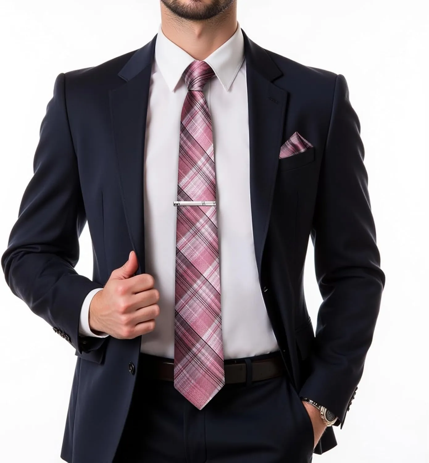 DiBanGu Mens Silk Necktie Solid Color Tie and Pocket Square Cufflink Tie Clip Set Woven Plain Ties for Men Wedding Party