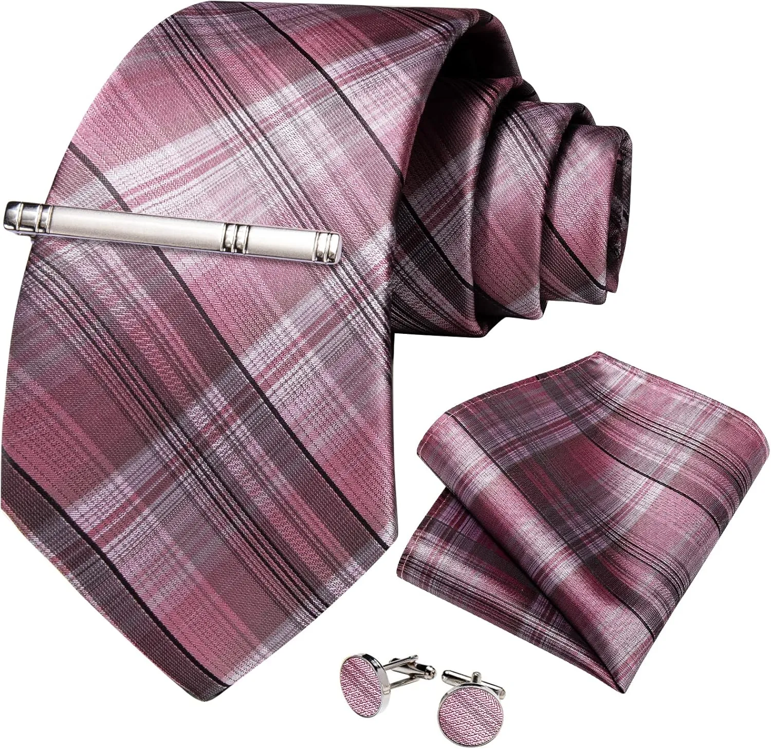 DiBanGu Mens Silk Necktie Solid Color Tie and Pocket Square Cufflink Tie Clip Set Woven Plain Ties for Men Wedding Party