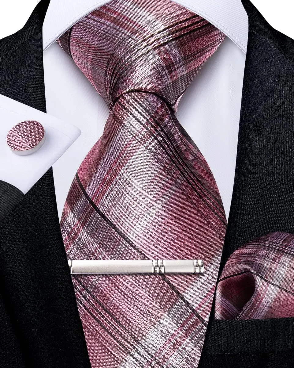 DiBanGu Mens Silk Necktie Solid Color Tie and Pocket Square Cufflink Tie Clip Set Woven Plain Ties for Men Wedding Party