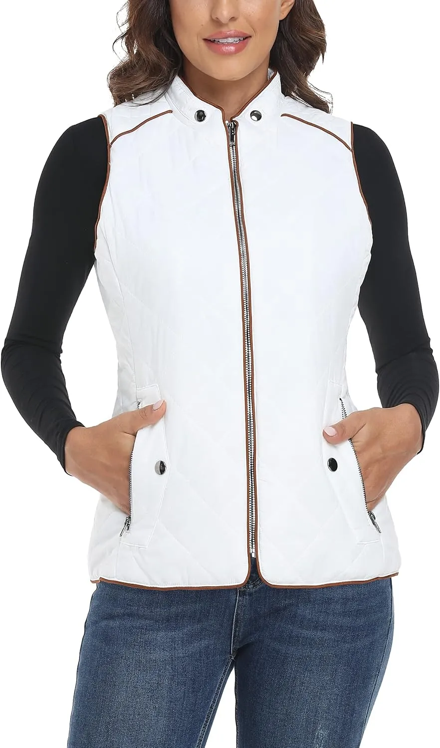 Dilgul Women Padded Vest Stand Collar Zip Up Trendy Puffer Lightweight Quilted Vest