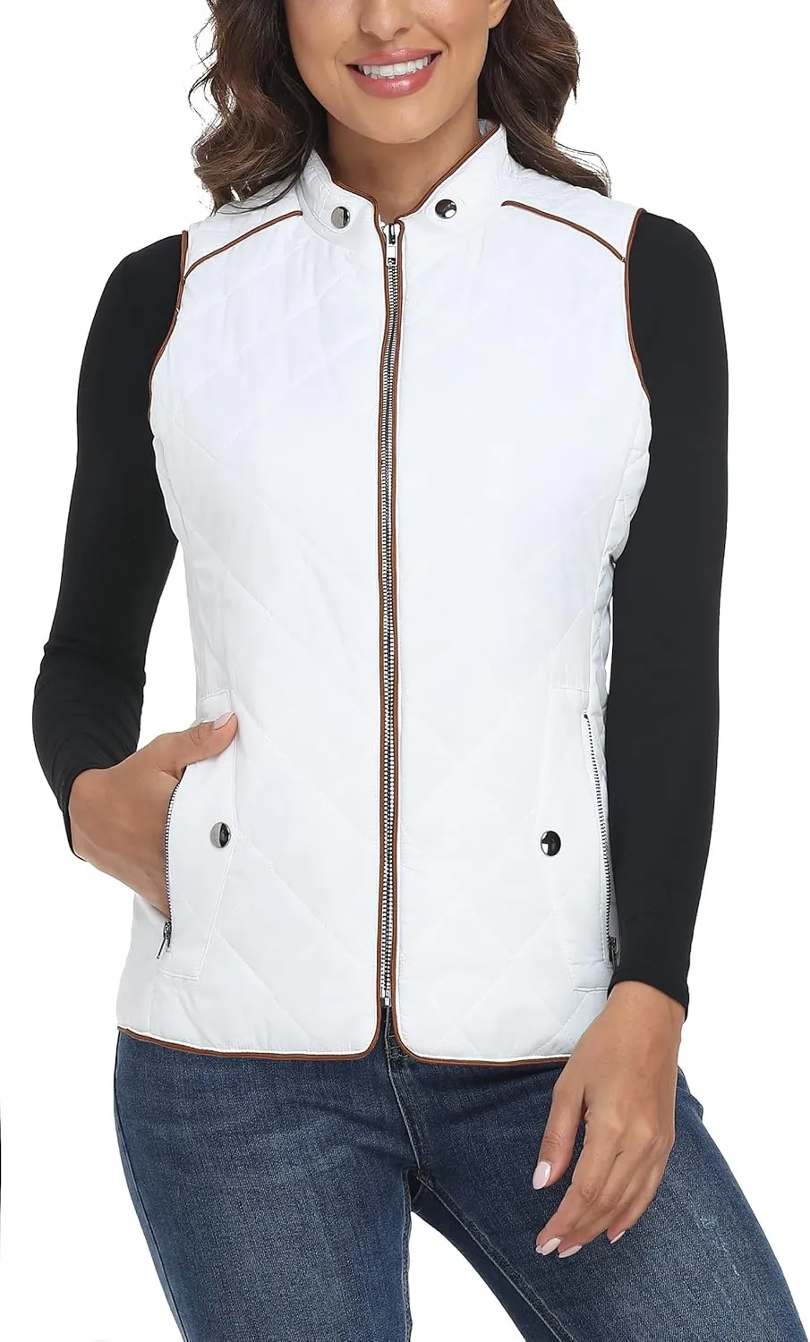 Dilgul Women Padded Vest Stand Collar Zip Up Trendy Puffer Lightweight Quilted Vest