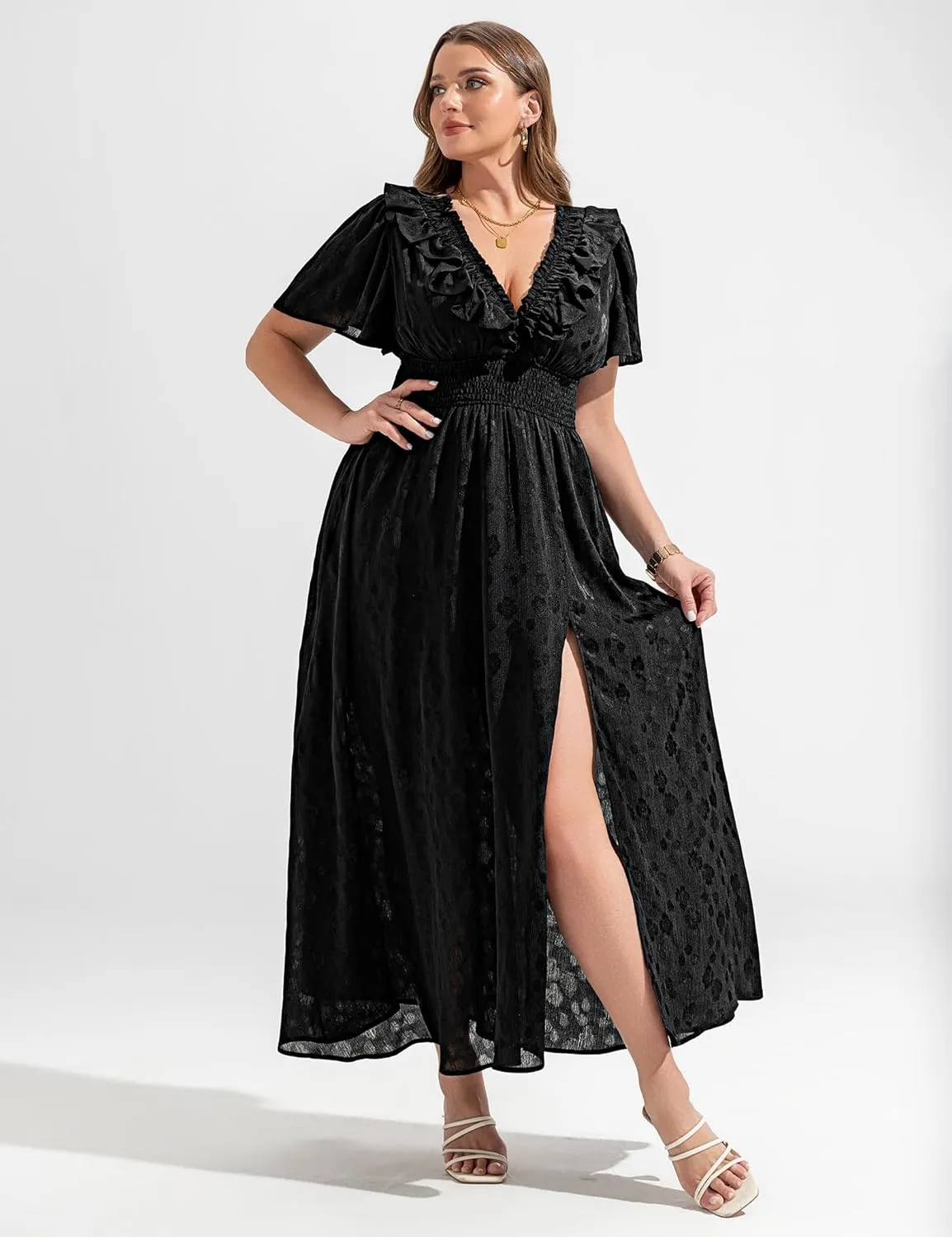 Dresses for Women 2025 Elegant Classy Wedding Guest Cocktail Formal Gown Short Flutter Sleeve Floral Maxi Dress