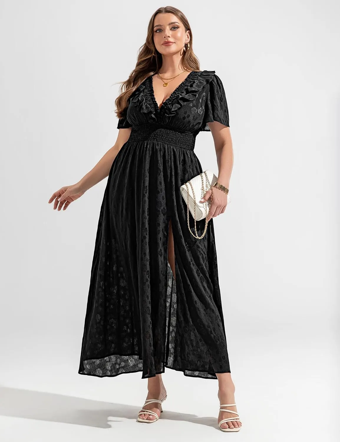 Dresses for Women 2025 Elegant Classy Wedding Guest Cocktail Formal Gown Short Flutter Sleeve Floral Maxi Dress
