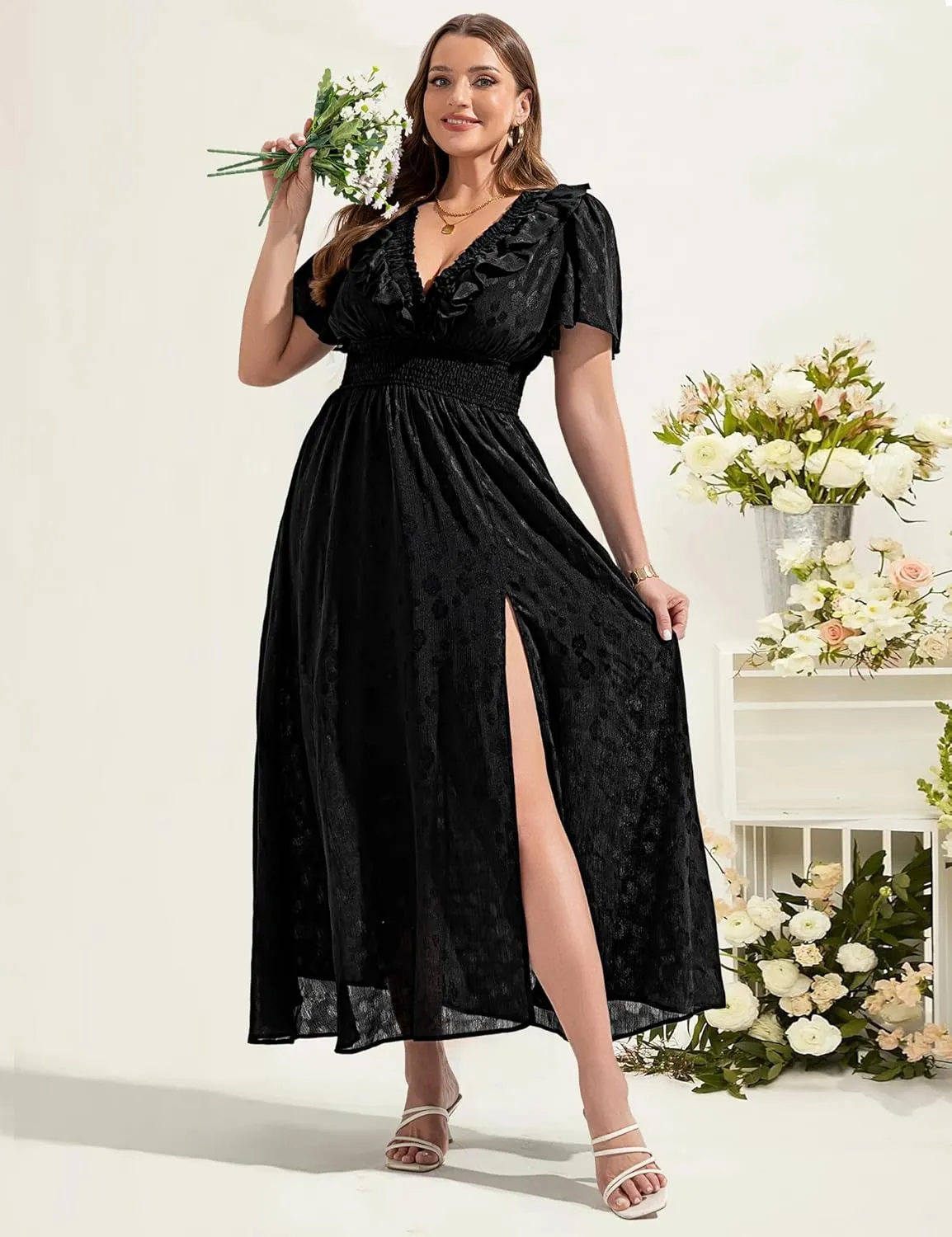Dresses for Women 2025 Elegant Classy Wedding Guest Cocktail Formal Gown Short Flutter Sleeve Floral Maxi Dress