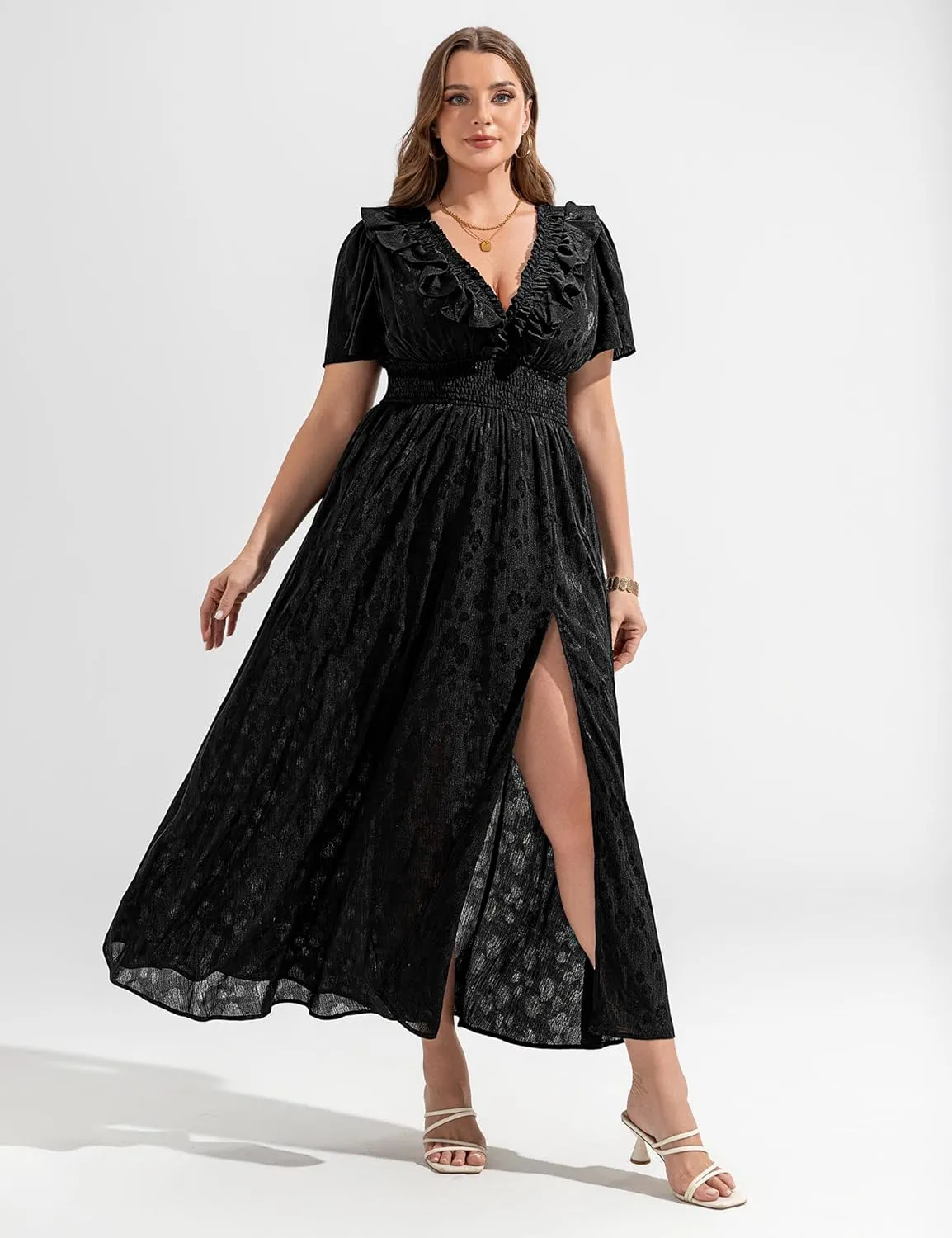Dresses for Women 2025 Elegant Classy Wedding Guest Cocktail Formal Gown Short Flutter Sleeve Floral Maxi Dress