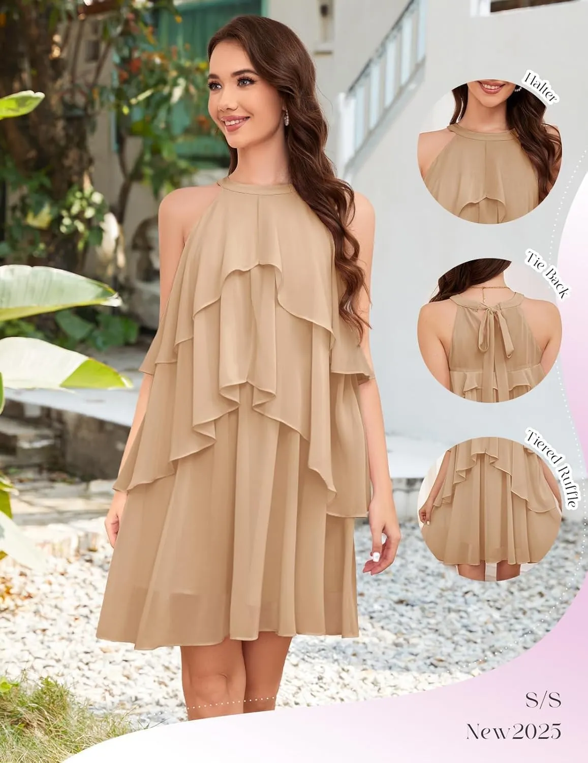 DRESSTELLS Women's Casual Halter Ruffle Tiered Dresses, Beach Wedding Cocktail Party Mini Sundress