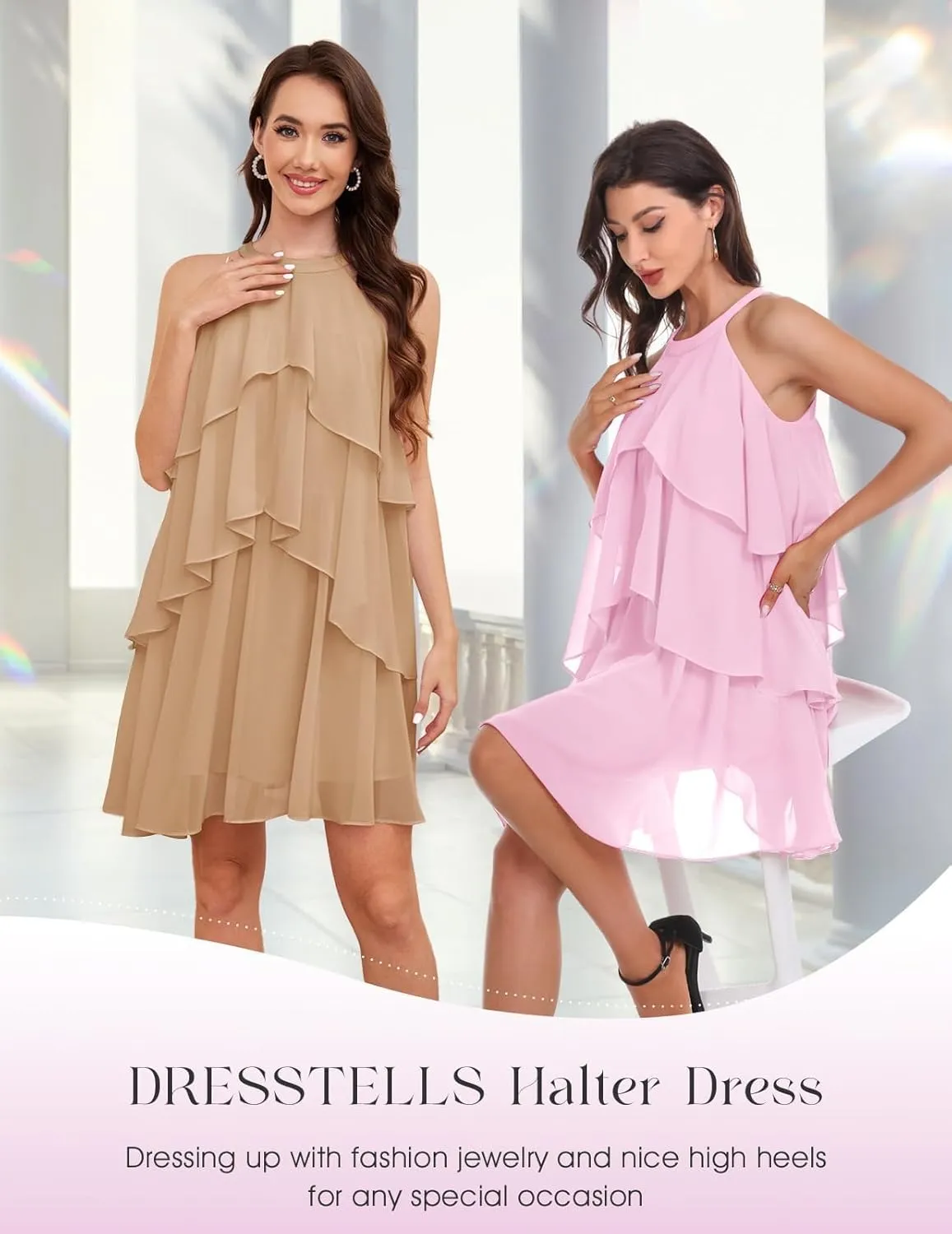 DRESSTELLS Women's Casual Halter Ruffle Tiered Dresses, Beach Wedding Cocktail Party Mini Sundress